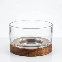 BOWL REDONDO VIDRIO CON BASE MADERA 15CM