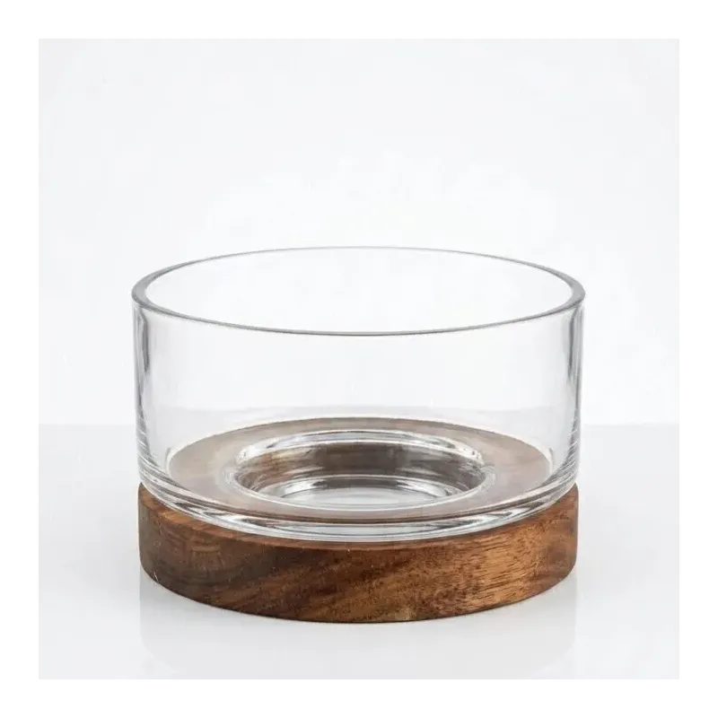 BOWL REDONDO VIDRIO CON BASE MADERA 15CM