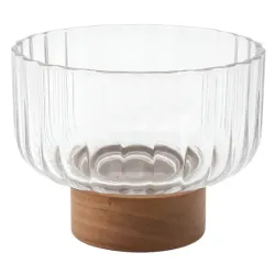 BOWL REDONDO VIDRIO CON BASE MADERA 14CM