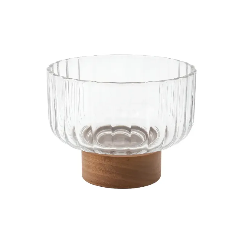 BOWL REDONDO VIDRIO CON BASE MADERA 14CM