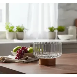 BOWL REDONDO VIDRIO CON BASE MADERA 14CM
