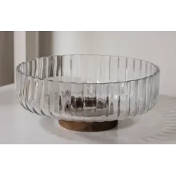 BOWL REDONDO VIDRIO CON BASE MADERA 26CM