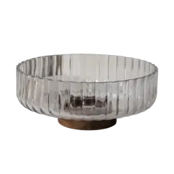 BOWL REDONDO VIDRIO CON BASE MADERA 26CM