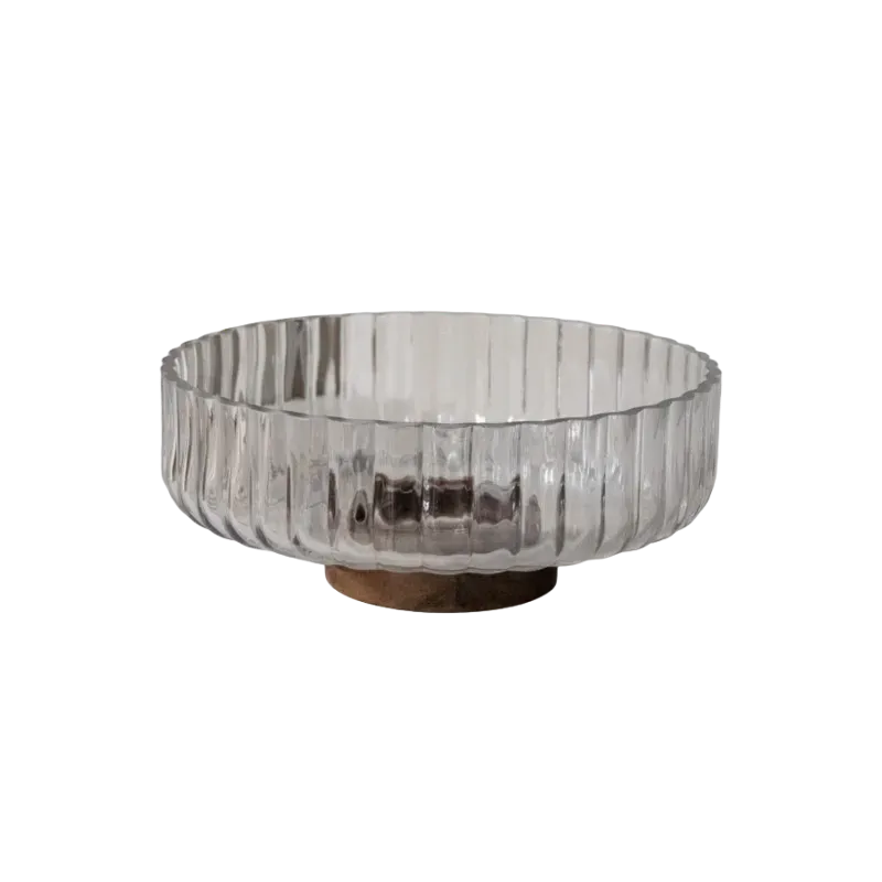 BOWL REDONDO VIDRIO CON BASE MADERA 26CM