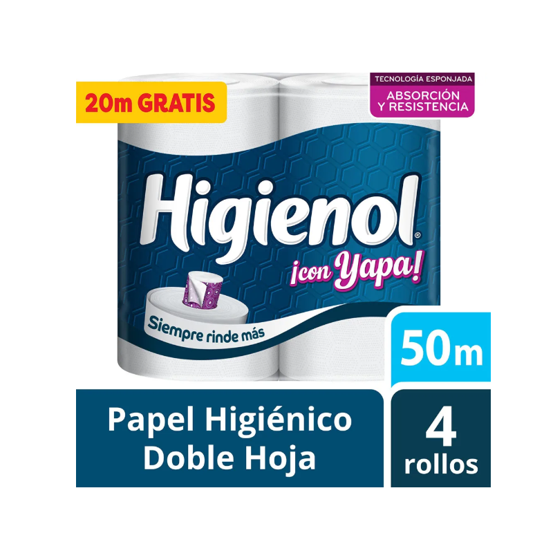 Papel higiénico Higienol doble hoja 4 rollos x 50 m con yapa | Olimpio